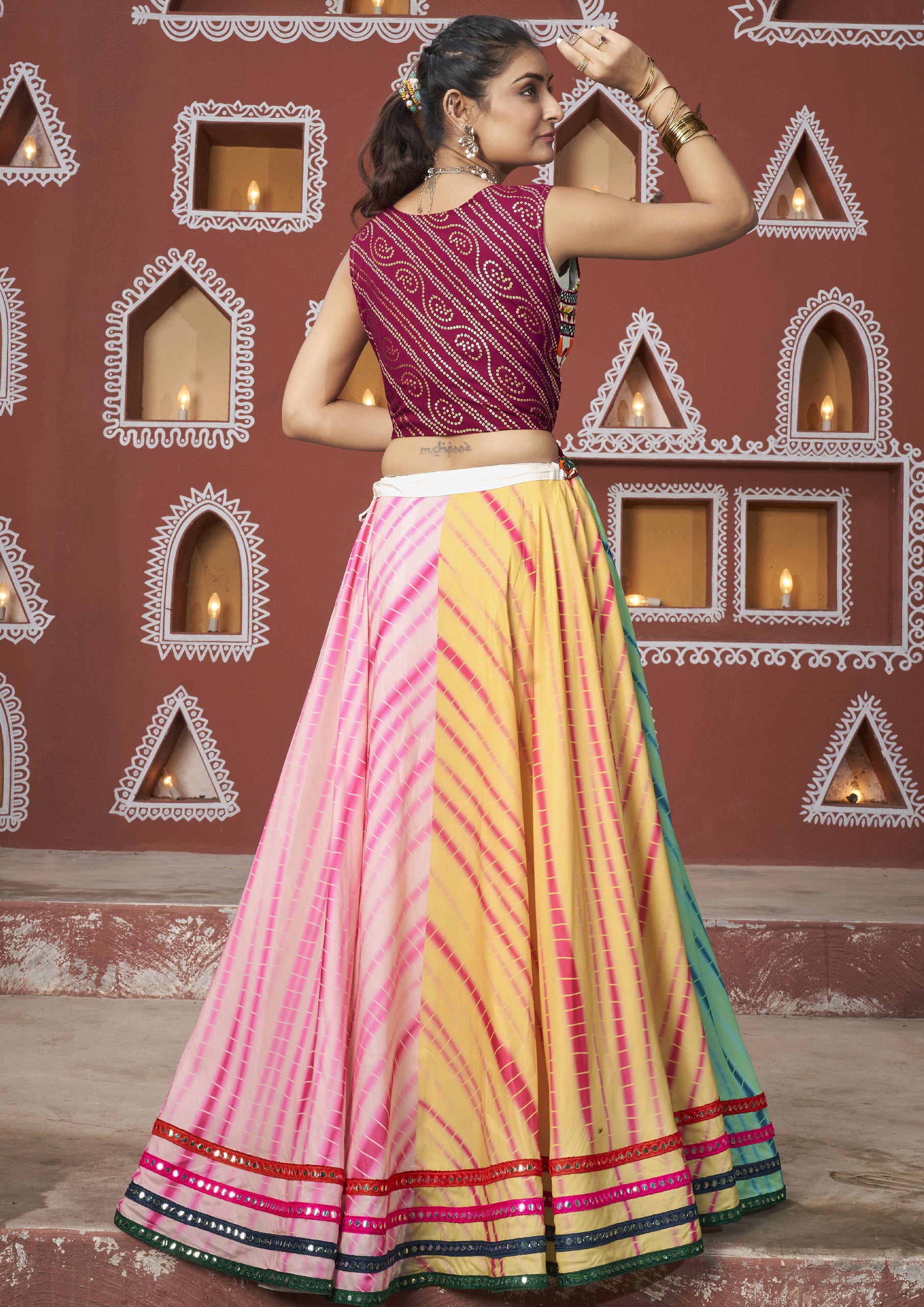 Multi Color Maska Silk Embroidered Navratri Lehenga With Jacket